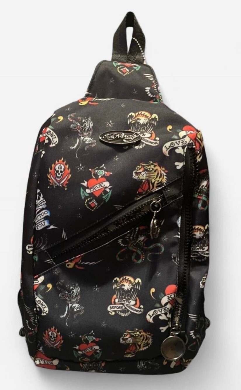 Ed Hardy Black Tattoo Print Sling Backpack Adjustable Strap